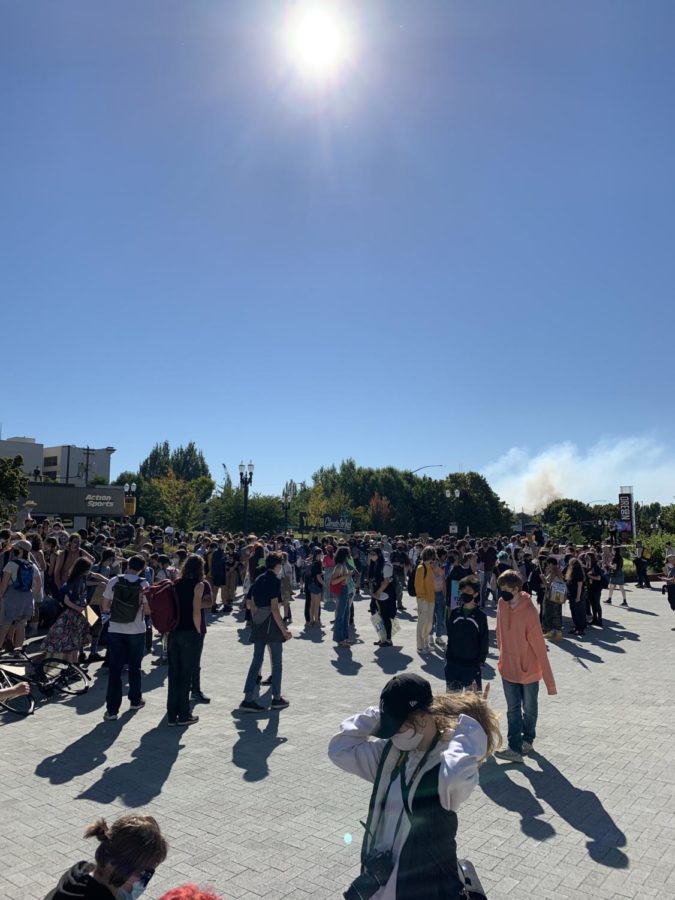 Under a bright blue sky only disturbed by the blazing sun and a cloud of smoke from a nearby fire, organizers led the crowd in song and set the intentions of the protest.