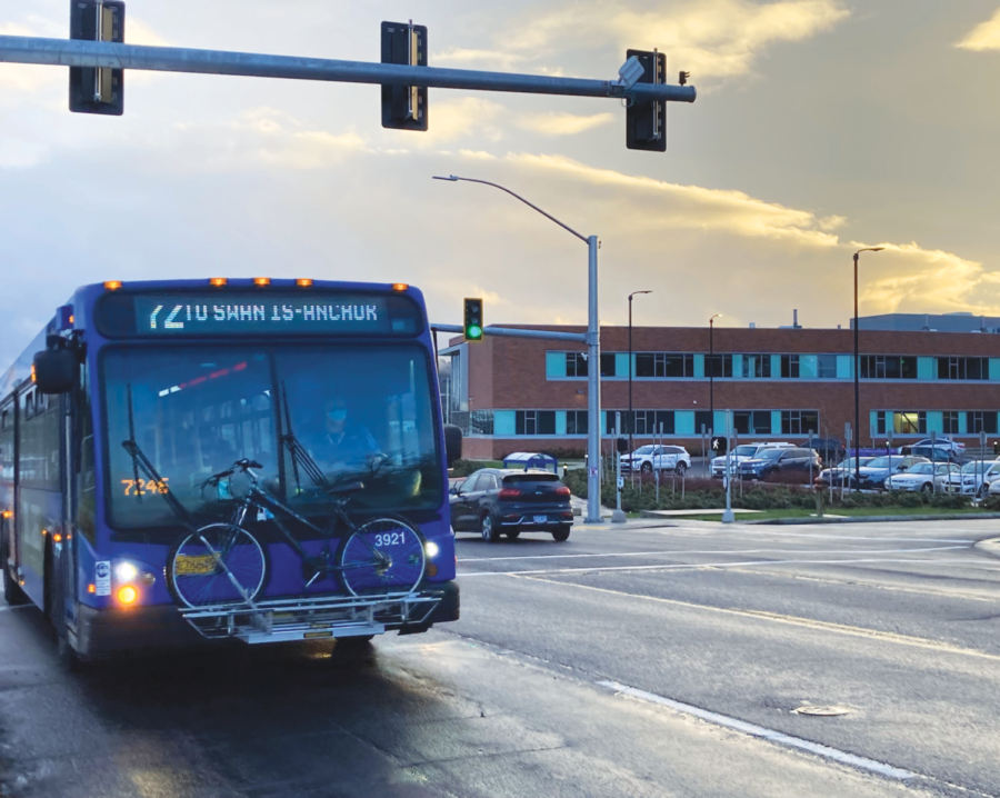 The 72 Bus approaches the bus stop across from McDaniel. Students ride this line to and from school every day. The city may add an additional lane dedicated for buses.