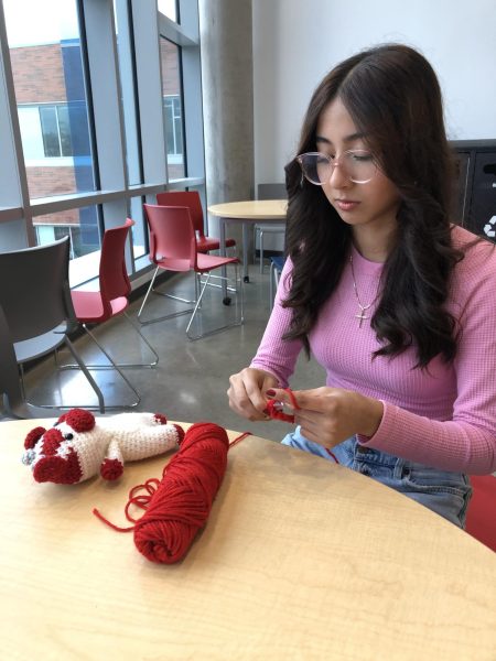 Junior Brenda Hernandez Rangal crochets a new piece. She started her crochet business, Pink Limonada, during quarantine.