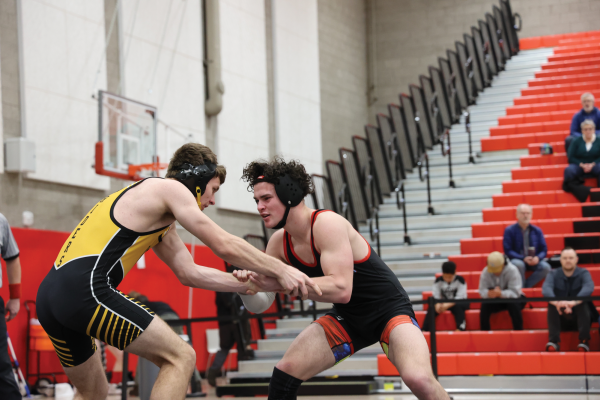 Sophomore Lupine Reeves battles at districts. He ended up getting third place for his weight class