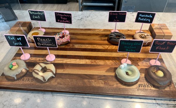 Mochi donuts are showcased in front allowing them to be seen by customers.