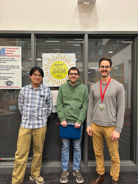 Jack Tangel ( right) , Dylan Davies ( middle) , and Dat Dan (left ) standing in a line in front of the community partner space. Big smiles ready to pose for the photo. 