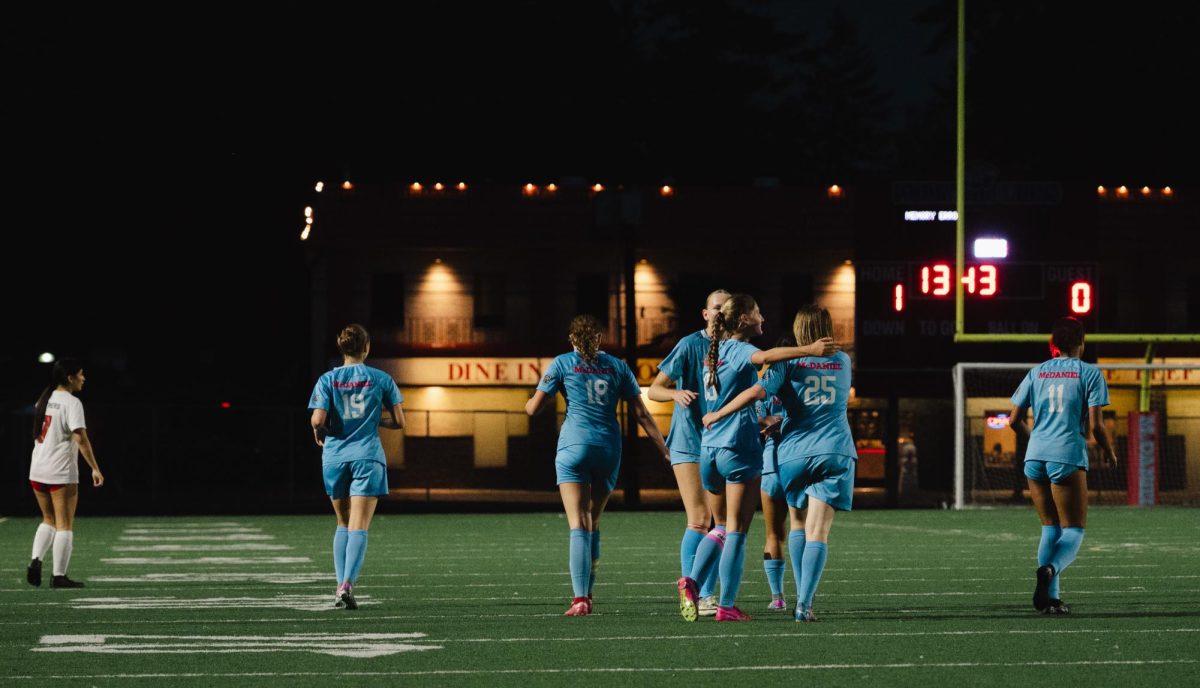 The team celebrates after the first goal by sophomore Addy Skyles (third from right). This was the only goal for the first half, but McDaniel cranked up the heat in the second half by adding three more in this dominant performance against Central HS.