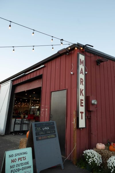 The exterior of the produce market entrance at Topaz Farm during the evening in the 2023 season. Outside the building is bins full of pumpkins to choose, instead of having a pumpkin patch.