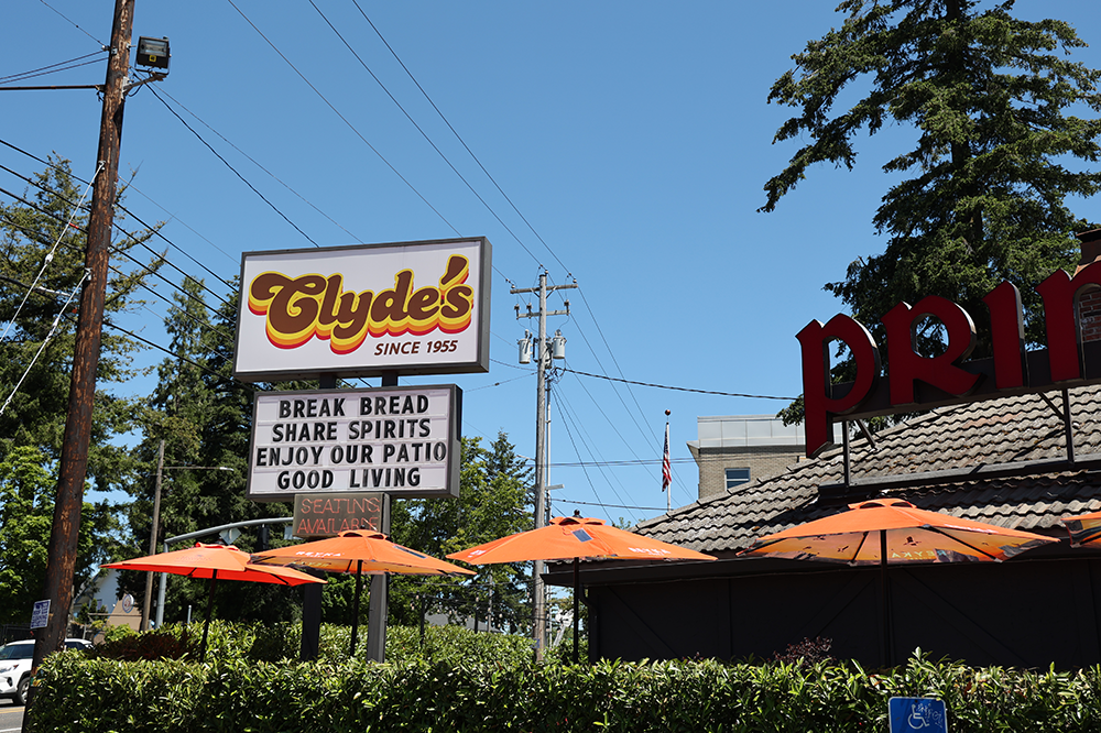 Clyde's sign and entrance from the parking lot. Outside seating is open for a sunny day.