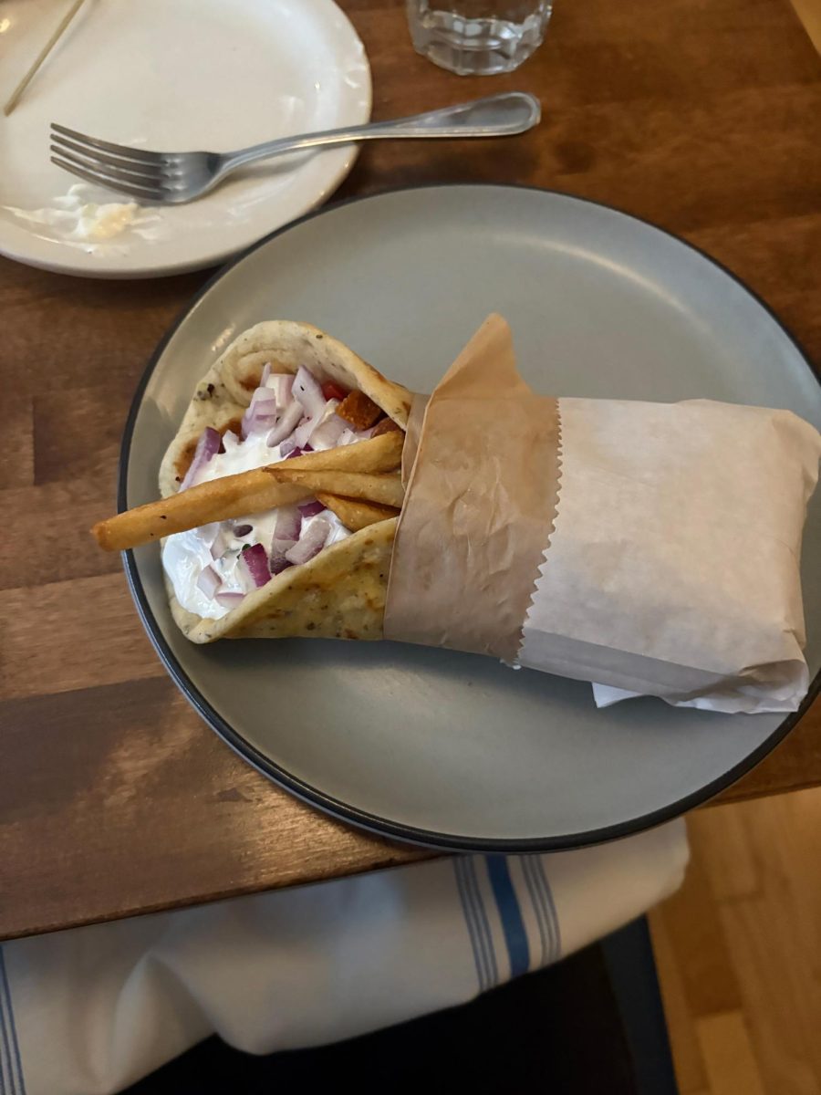 Trela's gyro, one of their main dishes rests against a grey plate. The dish includes a tangy tzatziki sauce with fresh toppings and seasoned beef, wrapped in warm pita bread.
