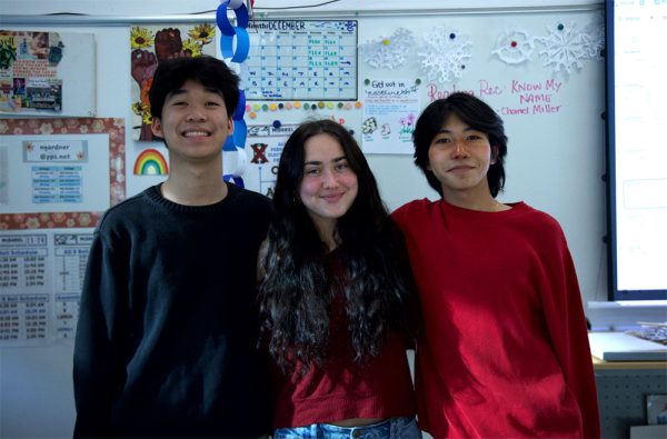 Seniors Huy Voqui, Clara Gordon and Leo Chookan (pictured from left to right) are part of the team working with Advanced Illustration on the senior mural project. The project is in the initial stages but the painting time should occur around April.