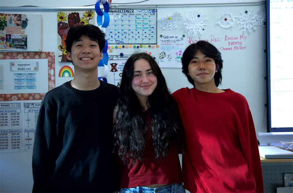 Seniors Huy Voqui, Clara Gordon and Leo Chookan (pictured from left to right) are part of the team working with Advanced Illustration on the senior mural project. The project is in the initial stages but the painting time should occur around April.